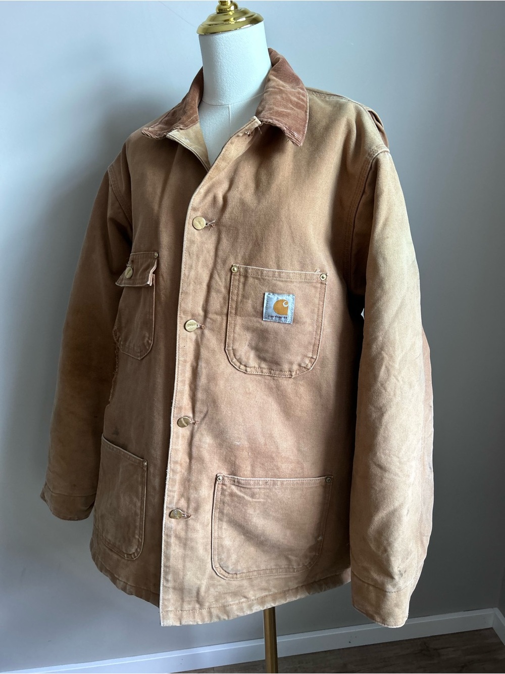 Carhartt lined Tan/Brown Canvas Work Jacket with Corduroy Collar workwear worn